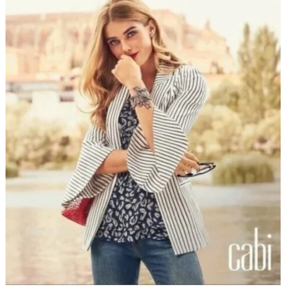 CAbi | 5295 Ole Ticking Stripe Bell Jacket Blazer Navy White size 8